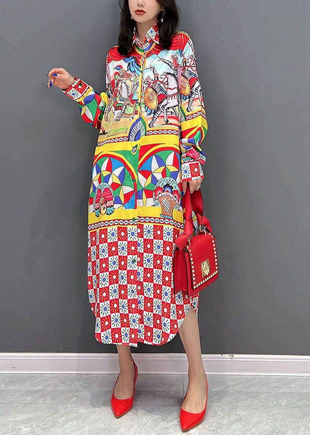 Red Peter Pan Collar Print Vacation Dresses Fall
