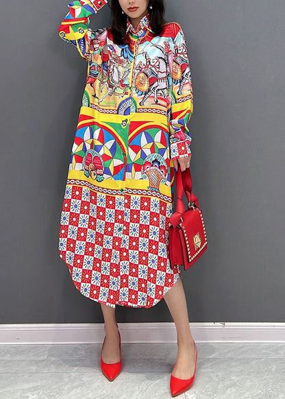 Red Peter Pan Collar Print Vacation Dresses Fall