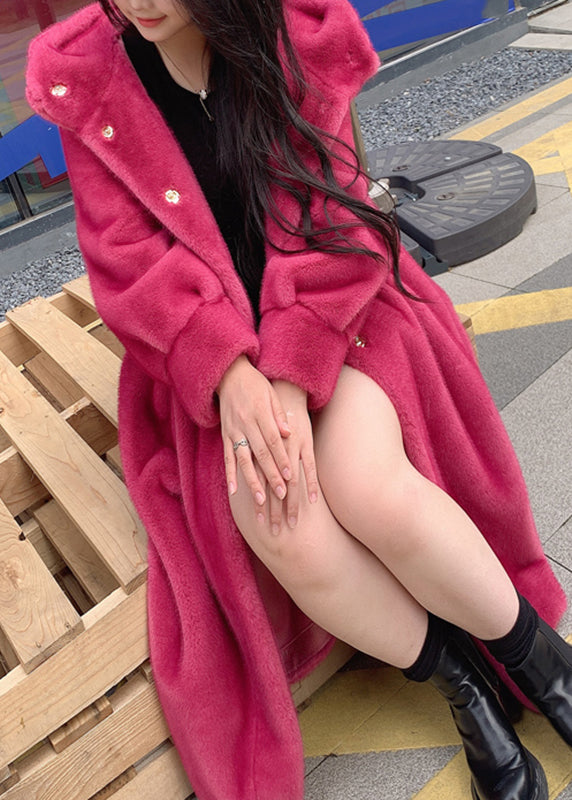 Red Pockets Mink Hair Knitted Hoodie Long Coat Spring