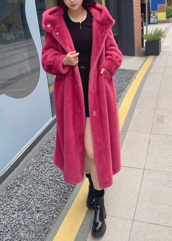 Red Pockets Mink Hair Knitted Hoodie Long Coat Spring