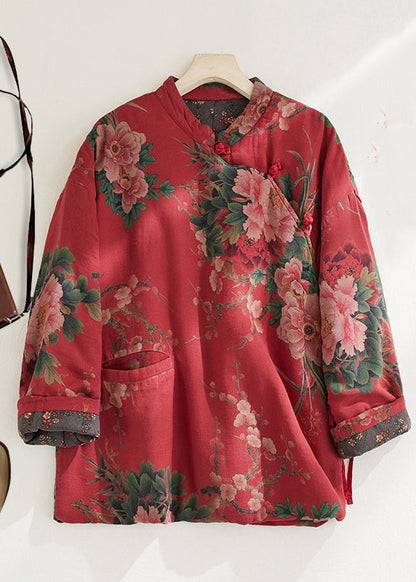 Red Pockets Print Lace Up Fine Cotton Filled Coat Spring