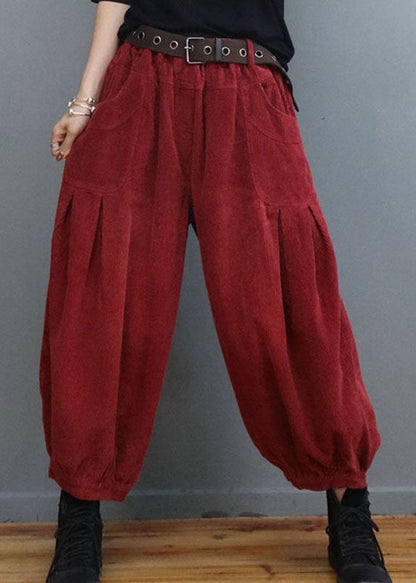 Red Pockets Wrinkled Corduroy Lantern Pants Winter