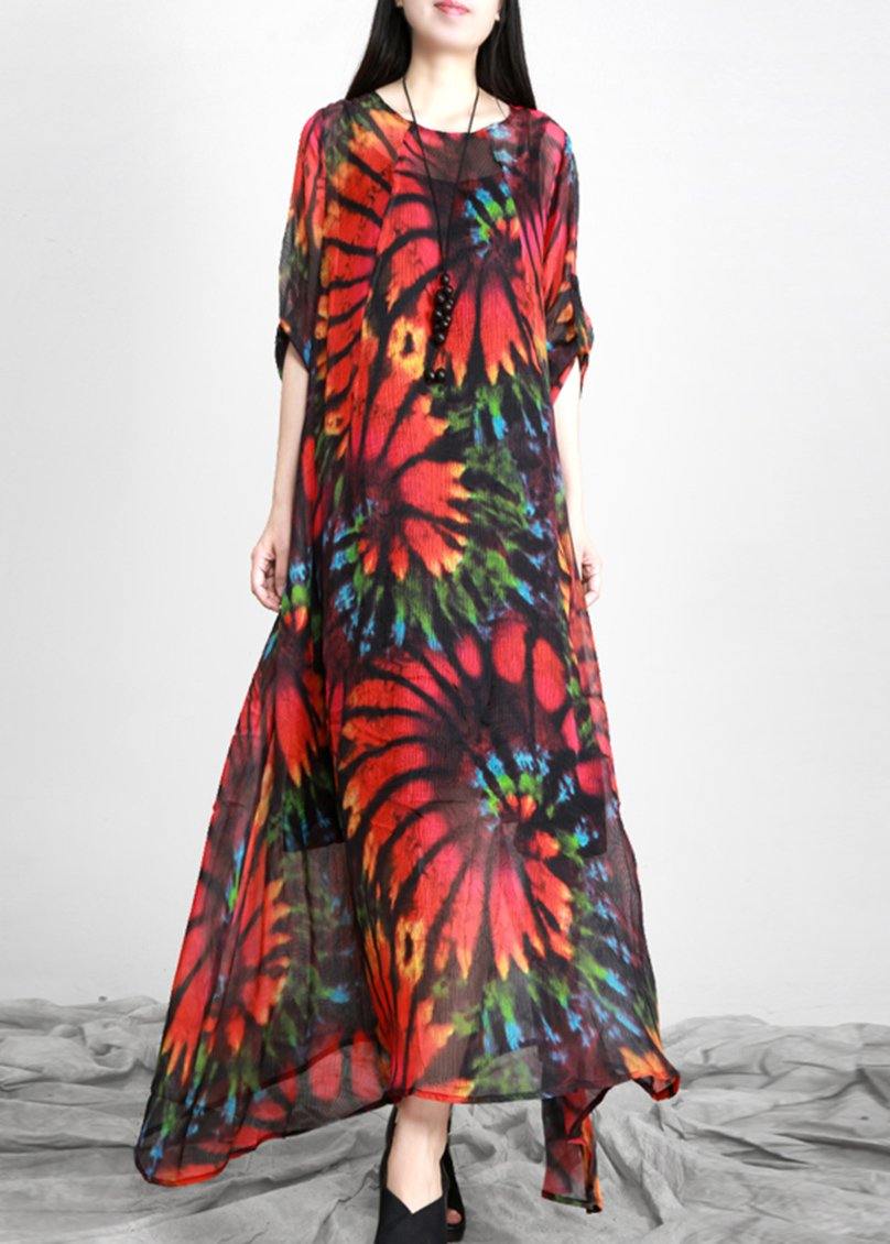 Red Print Chiffon Maxi Dresses