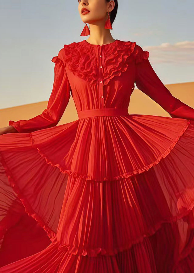 Red Ruffled Exra Large Hem Chiffon Holiday Dress Spring