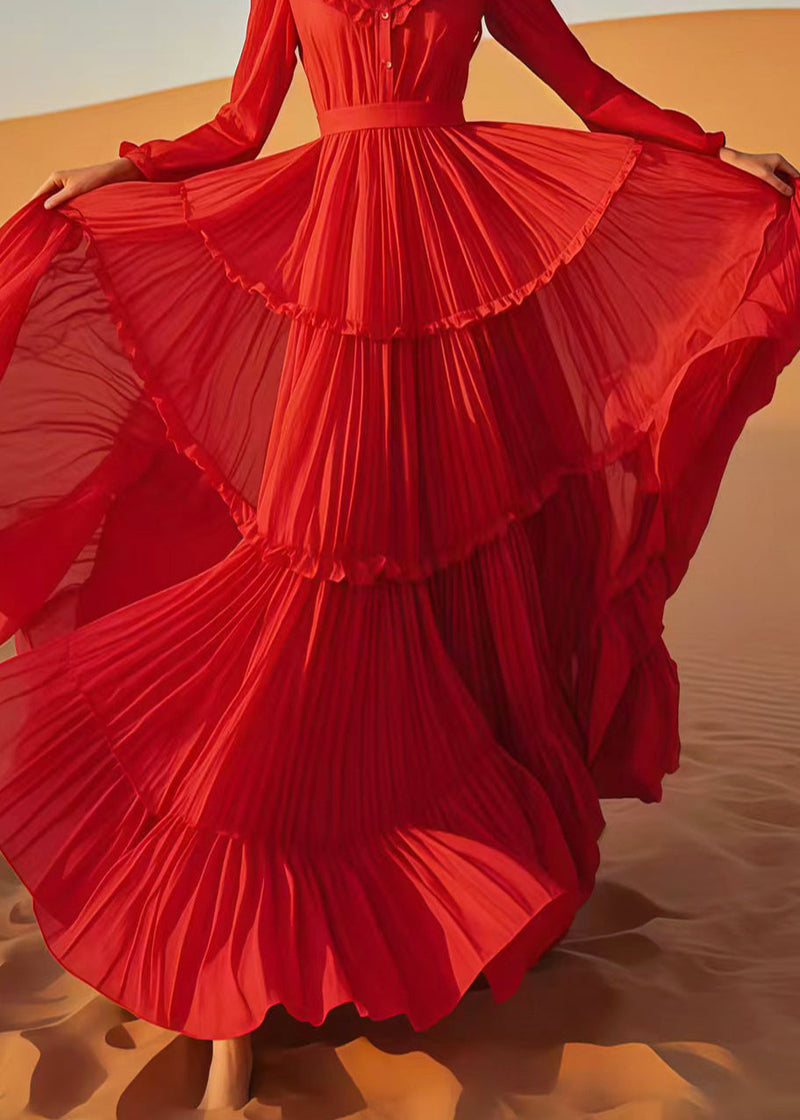 Red Ruffled Exra Large Hem Chiffon Holiday Dress Spring