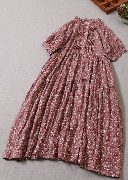 Red Ruffled Print Long Dresses Half Sleeve