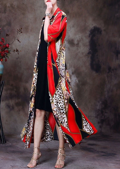 Red Stand Collar Leopard Print Chiffon Long Cardigans Summer