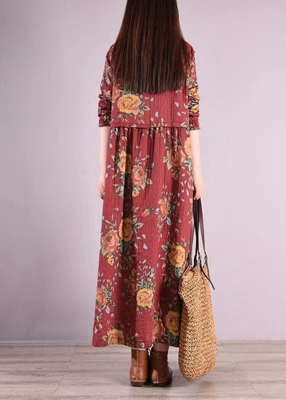 Red Stand Collar Print Patchwork Cotton Long Dresses Fall