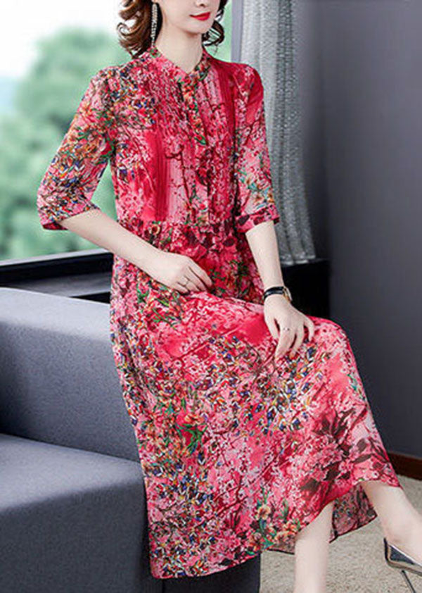 Red Stand Collar Print Wrinkled Chiffon Vacation Dresses Half Sleeve