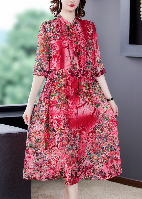 Red Stand Collar Print Wrinkled Chiffon Vacation Dresses Half Sleeve