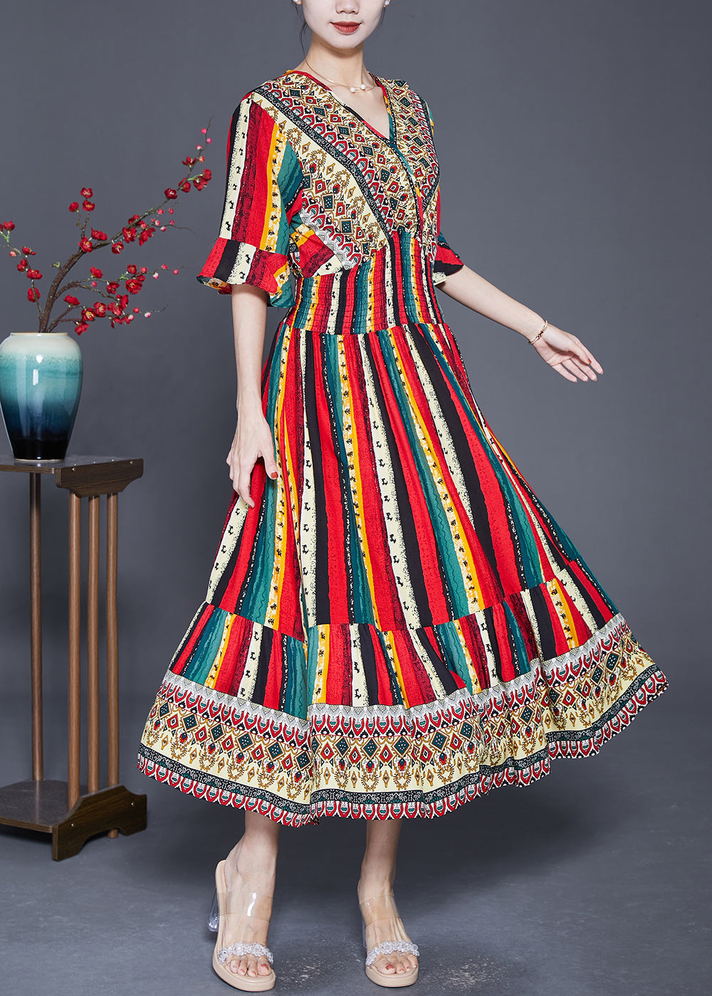 Red Striped Cotton Vacation Dresses Flare Sleeve