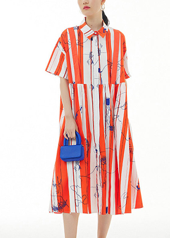 Red Striped Peter Pan Collar Print Cotton Maxi Shirt Dress Summer