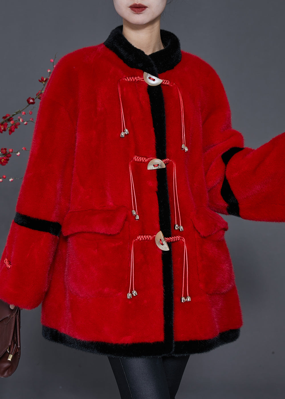 Red Tasseled Patchwork Mink Velvet Coats Spring
