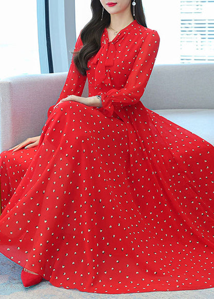 Red V Neck Bow Print Chiffon Maxi Dresses Lantern Sleeve