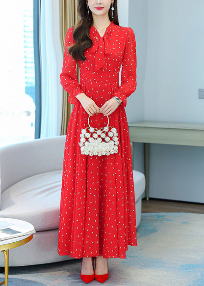 Red V Neck Bow Print Chiffon Maxi Dresses Lantern Sleeve