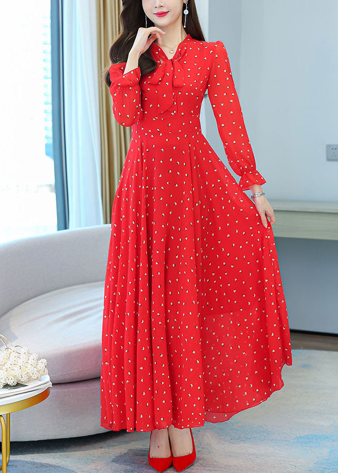Red V Neck Bow Print Chiffon Maxi Dresses Lantern Sleeve