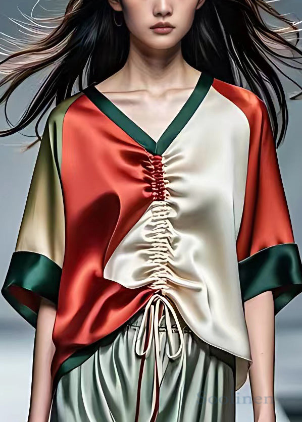 Red V Neck Lace Up Patchwork Silk Tops Half Sleeve