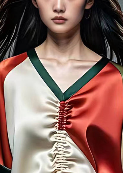 Red V Neck Lace Up Patchwork Silk Tops Half Sleeve