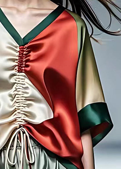 Red V Neck Lace Up Patchwork Silk Tops Half Sleeve