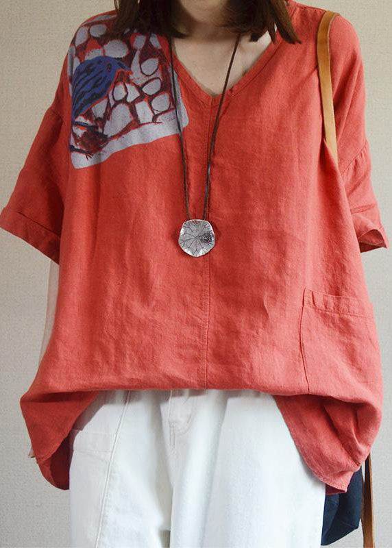 Red V Neck Loose Pockets Fall Shirt Tops Half Sleeve
