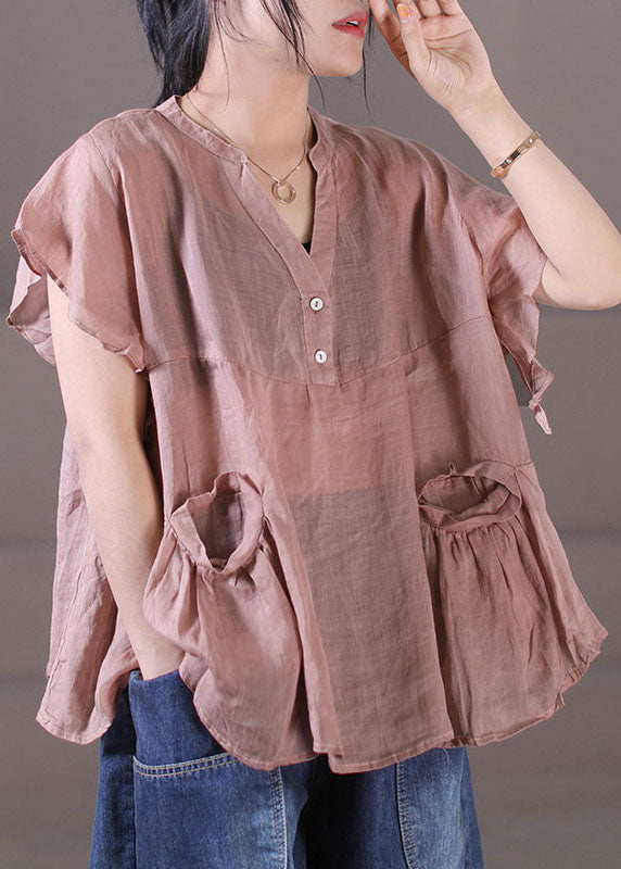 Red V Neck Patchwork Cotton Linen Tank Tops Short Sleeve