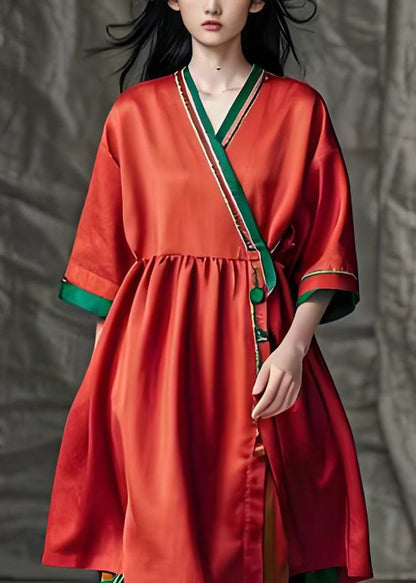 Red V Neck Patchwork Loose Cotton Dress Summer