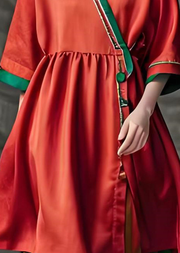 Red V Neck Patchwork Loose Cotton Dress Summer