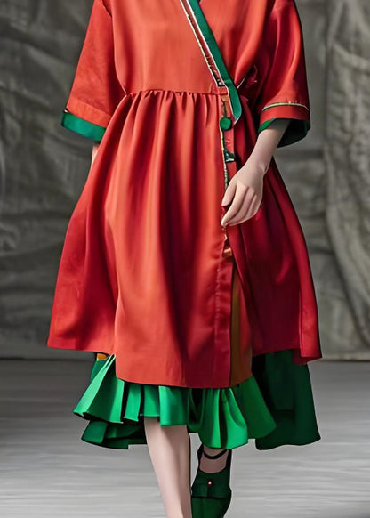 Red V Neck Patchwork Loose Cotton Dress Summer