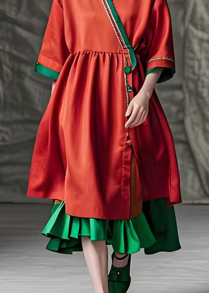 Red V Neck Patchwork Loose Cotton Dress Summer