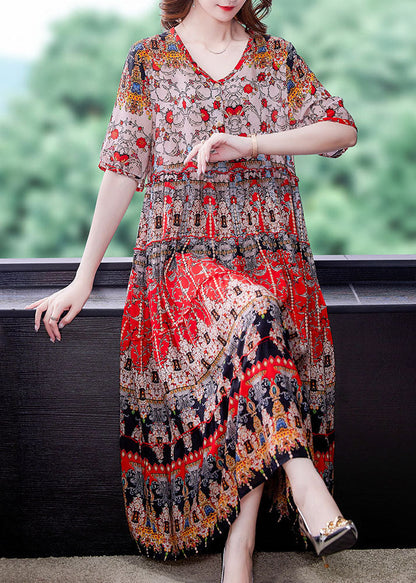 Red V Neck Print Draping Chiffon Long Dresses Short Sleeve