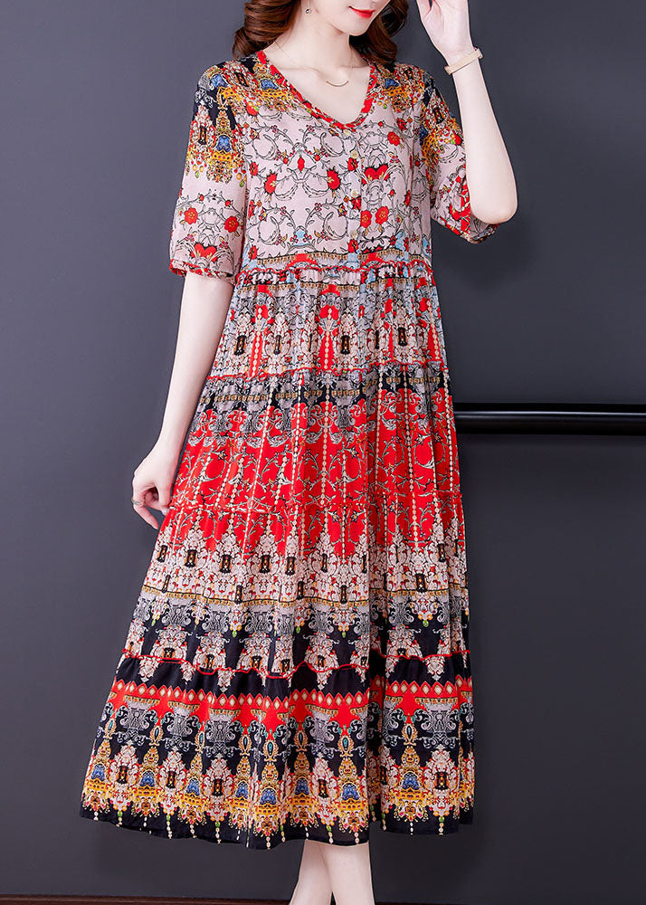 Red V Neck Print Draping Chiffon Long Dresses Short Sleeve