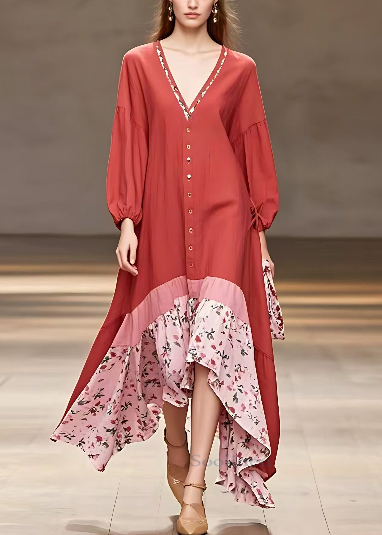 Red V Neck Print Patchwork Cotton Long Dresses Long Sleeve