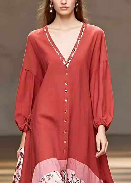 Red V Neck Print Patchwork Cotton Long Dresses Long Sleeve