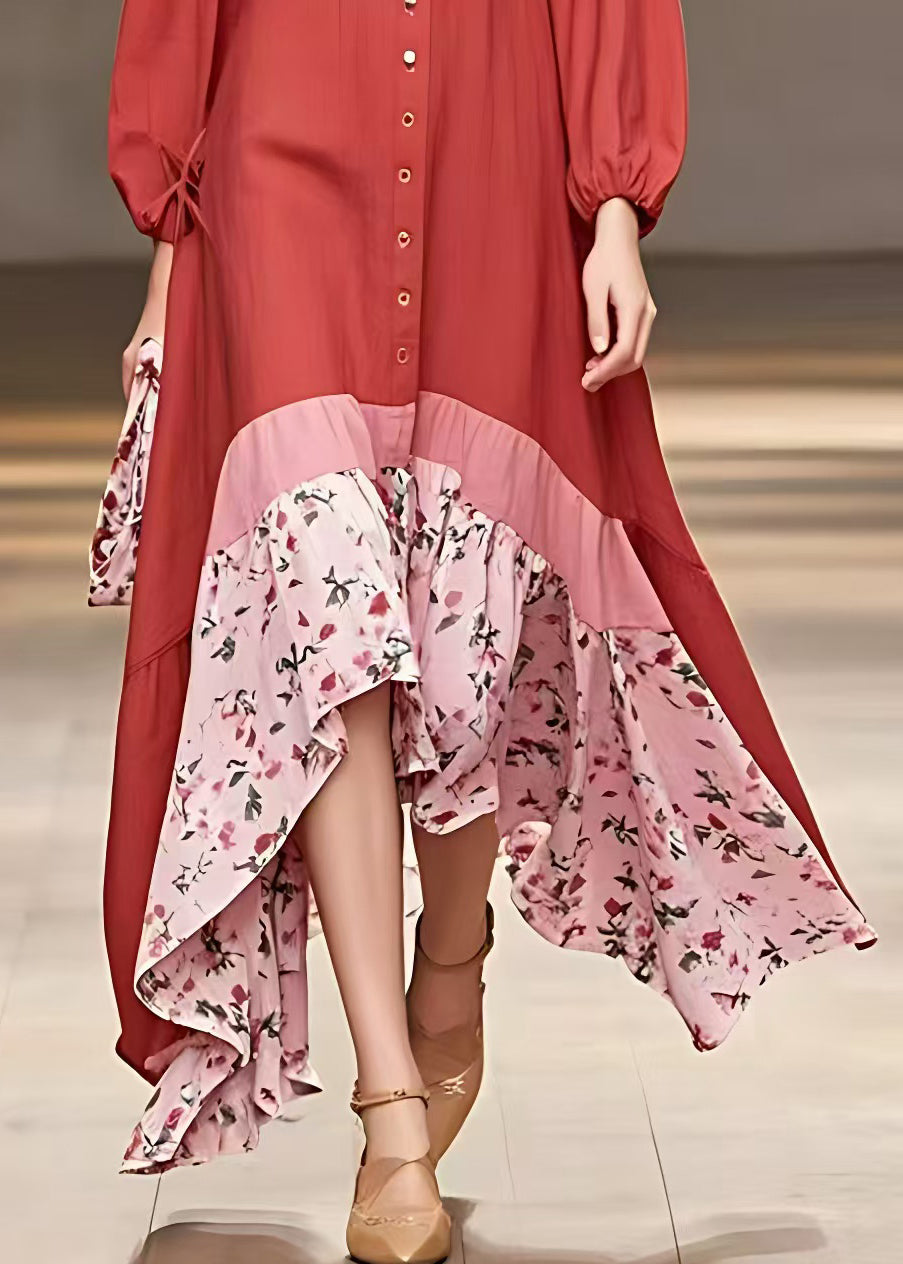 Red V Neck Print Patchwork Cotton Long Dresses Long Sleeve