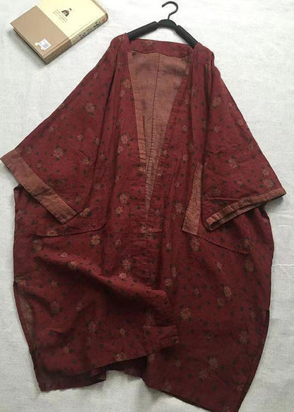 Red V Neck Print Pockets Linen Cardigans Spring