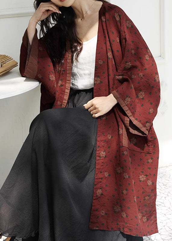 Red V Neck Print Pockets Linen Cardigans Spring
