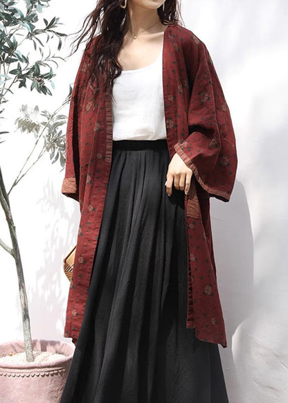 Red V Neck Print Pockets Linen Cardigans Spring