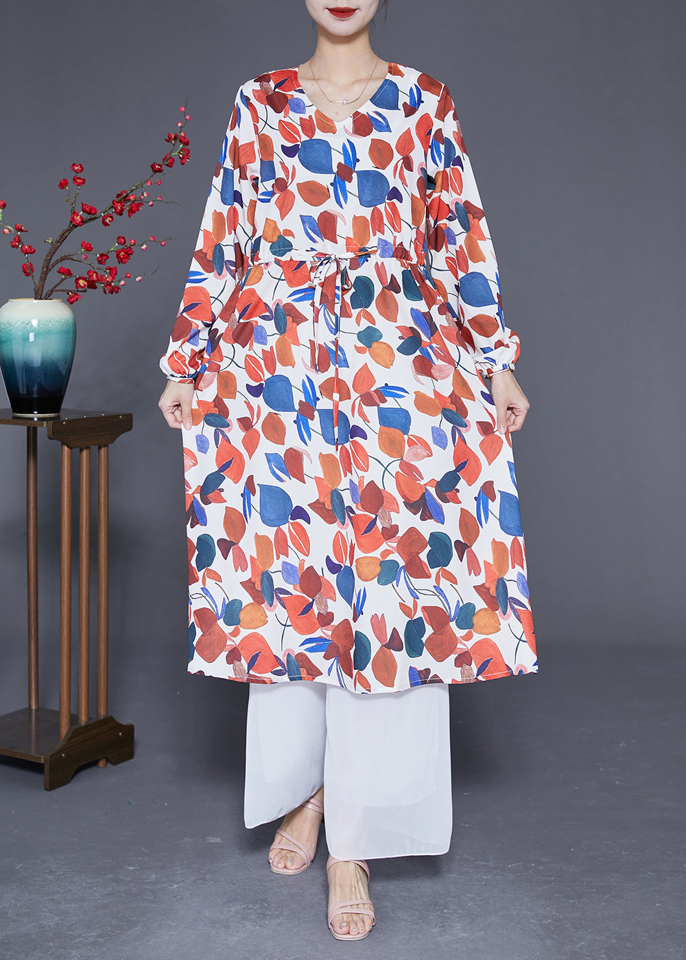 Red V Neck Print Silk Cinched Dress Spring