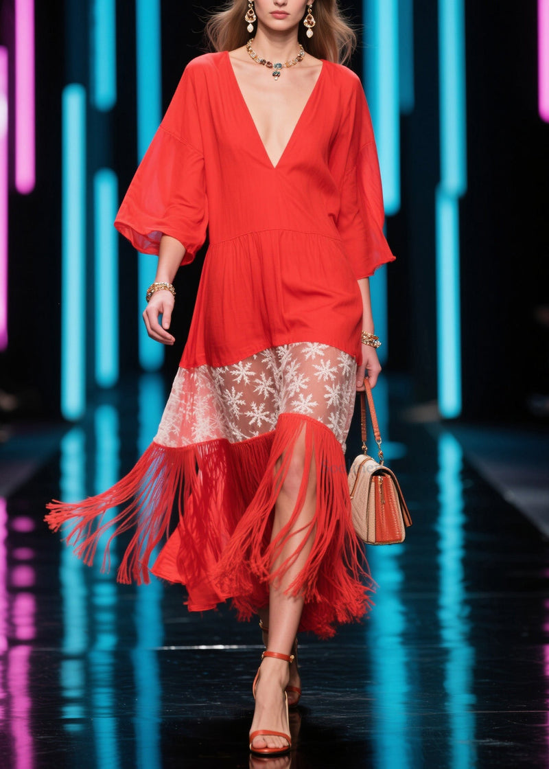 Red V Neck Print Tassel Cotton Dress Summer