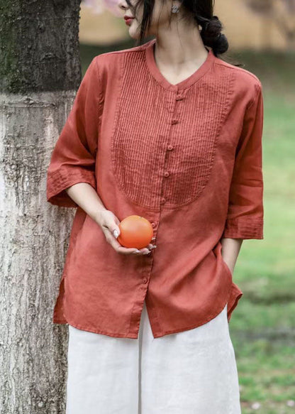 Red Wrinkled Patchwork Linen Shirt Tops Bracelet Sleeve