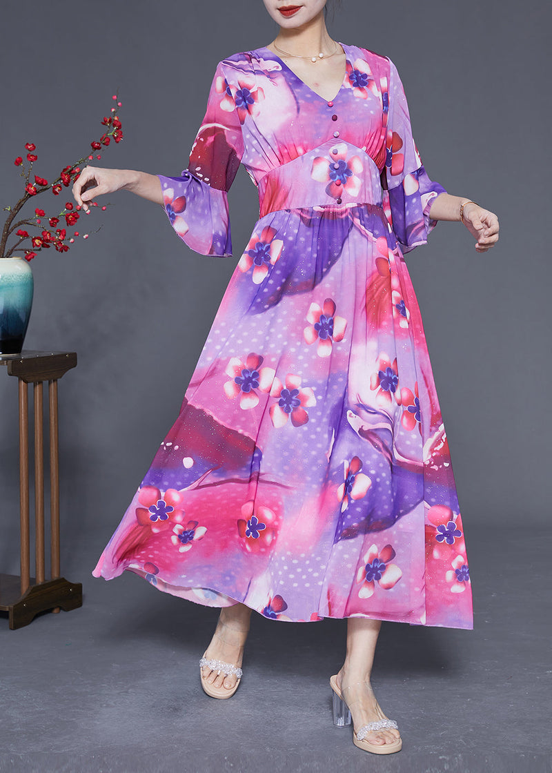 Rose Cinched Patchwork Print Silk Vacation Dress Summer