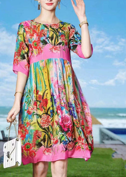 Rose O-neck Print Patchwork Silk Beach Dresses Short Sleeve