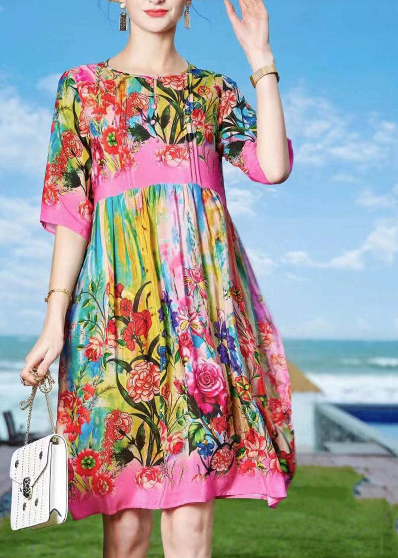 Rose O-neck Print Patchwork Silk Beach Dresses Short Sleeve