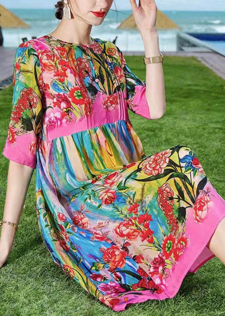 Rose O-neck Print Patchwork Silk Beach Dresses Short Sleeve