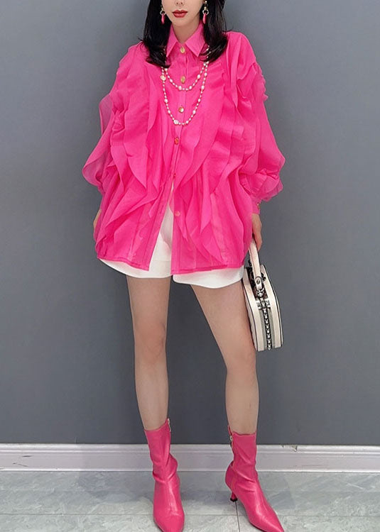 Rose Peter Pan Collar Ruffled Patchwork Chiffon Top Long Sleeve
