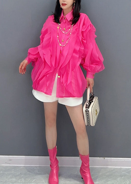 Rose Peter Pan Collar Ruffled Patchwork Chiffon Top Long Sleeve