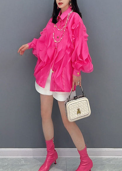 Bohemian Rose Peter Pan Collar Ruffled Patchwork Chiffon Top Long Sleeve