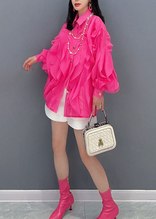 Rose Peter Pan Collar Ruffled Patchwork Chiffon Top Long Sleeve