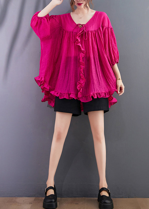 Rose Ruffled Oversized Cotton Blouses Bracelet Sleeve