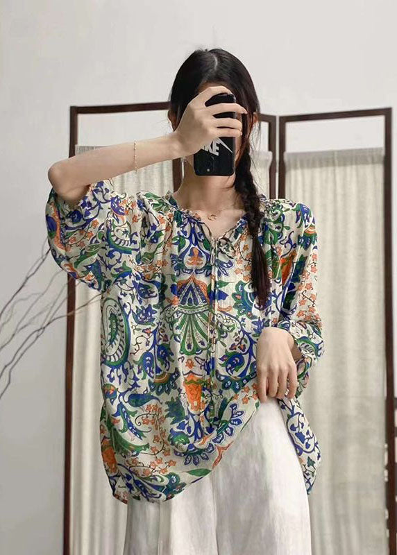 Rose Ruffled Print Patchwork Linen Shirt Tops Summer